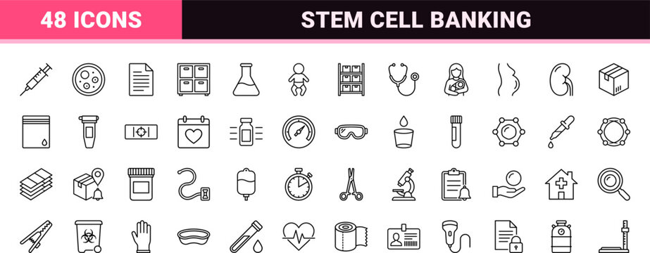 Stem cell banking line icon set. Vector pictograms of cryogenic storage, clinical care, medical collection, and laboratory processing elements, thin linear illustration.