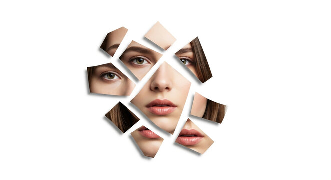 Creative collage of woman's face broken into puzzle pieces