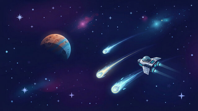 Horizontal space exploration wallpaper with asteroids and spaceship