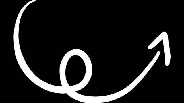 Curved white hand drawn arrow loop animation on black background isolated