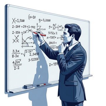 Businessman solving complex math equations on whiteboard.