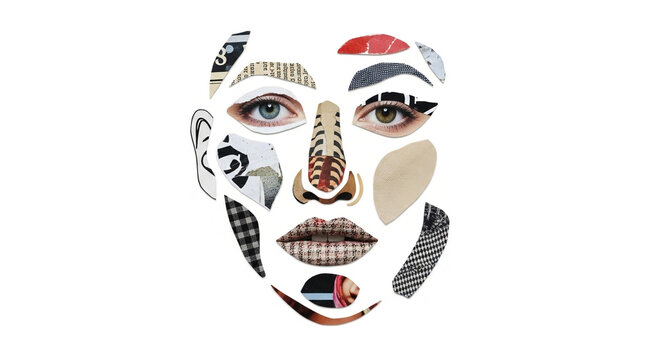 collage face made of fabric patches, mixed media art