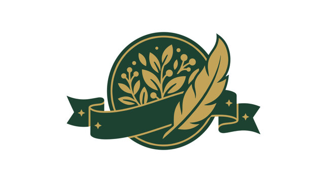 Botanical gin label badge with ribbon and feather in deep forest green and gold, elegant luxury design