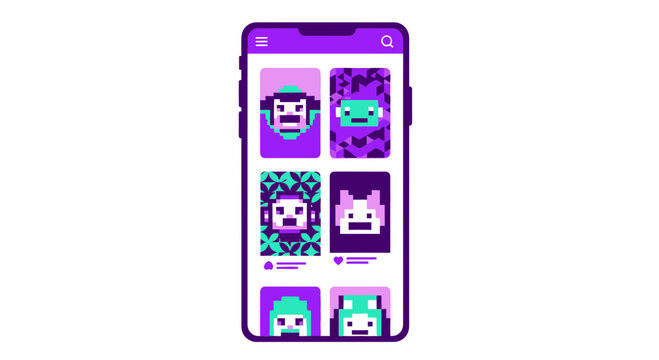 Pixel Art NFT Marketplace App Interface on Smartphone Screen; Digital Crypto Collectibles and Blockchain Avatars UI Design in Purple and Teal Palette