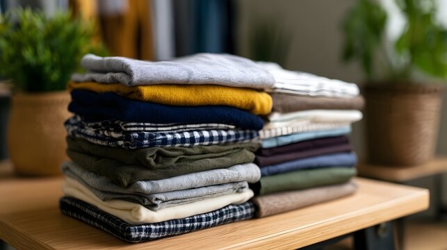 Neatly folded stack of colorful clothing items arranged on a wooden surface with potted plants in the background