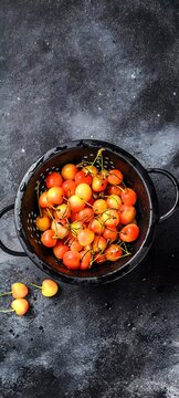 Fresh sweet rainier cherries in a black colander on dark background