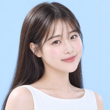 Smiling Asian Beauty Model with Slightly Tilted Head and Long Dark Hair on Blue Background