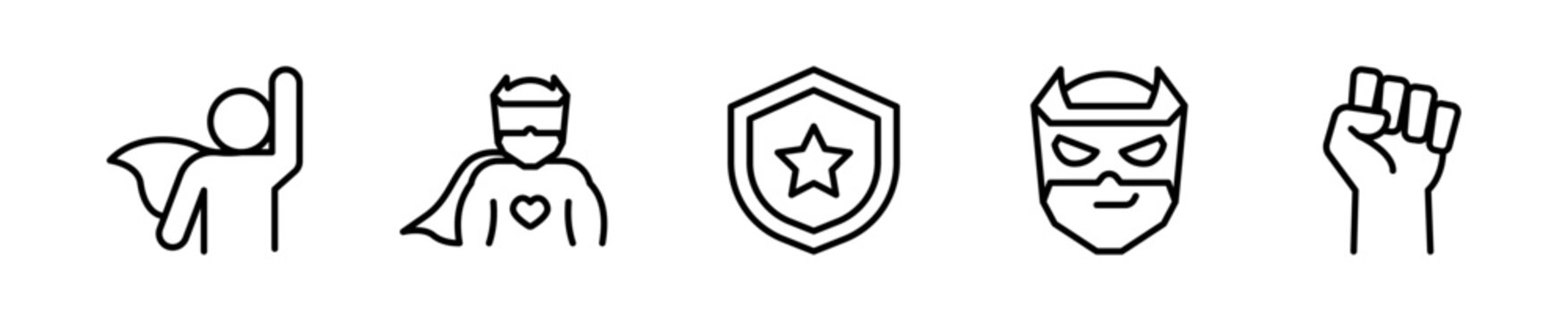 Set de 5 iconos de superh&eacute;roes. Capa, superh&eacute;roe, escudo, m&aacute;scara y pu&ntilde;o. Vector outline