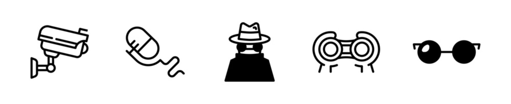 Set de 5 iconos de esp&iacute;as. C&aacute;mara de seguridad, micr&oacute;fono esp&iacute;a, silueta de esp&iacute;a, binoculares y gafas oscuras. Vector outline