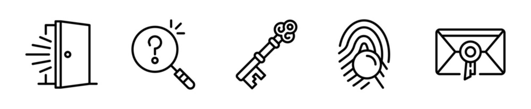 Set de 5 iconos de misterio. Puerta entreabierta, lupa con interrogante, llave antigua, huella y sobre secreto. Vector outline