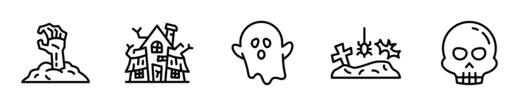 Set de 5 iconos de terror y miedo. Mano de zombie, casa embrujada, fantasma, tumba y calavera. Vector outline