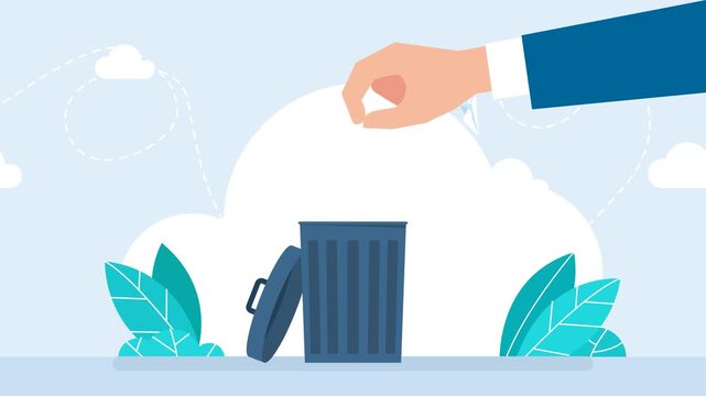 Fake, propaganda. Propagandist liters human brain with fake news. Spreading misinformation in mass media. Hand throwing a red speech bubble in a waste bin. Сensorship concept. 2d flat animation. Video
