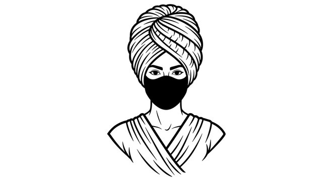 Elegant woman wearing a turban and face mask in a vintage style sketch illustration