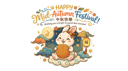 Fototapeta premium Cute cartoon rabbit sits on a soft cloud holding a large mooncake against a clean white background for Mid-Autumn Festival.