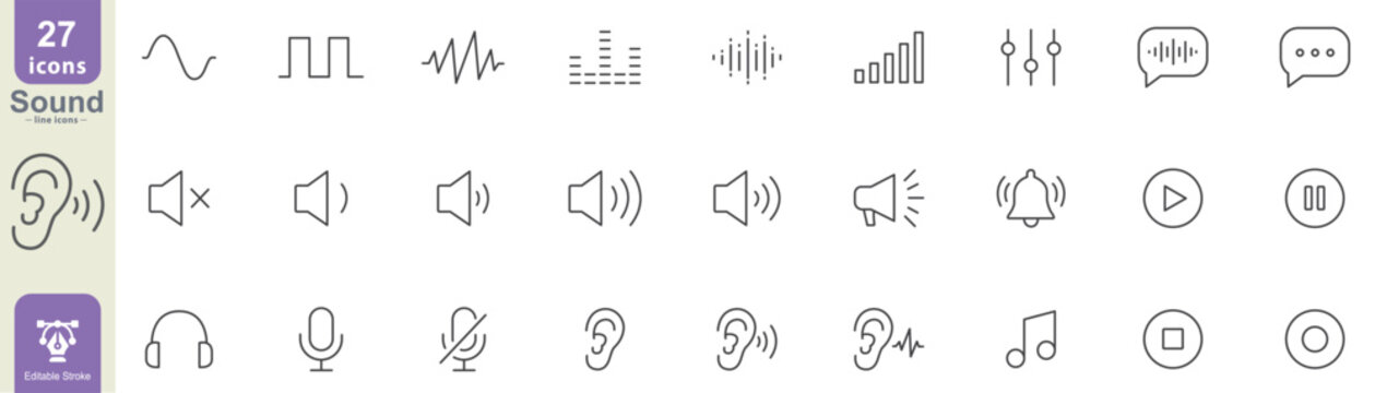 Sound line icon set including waveforms, speakers, headphones, microphones, volume controls, and audio symbols editable stroke