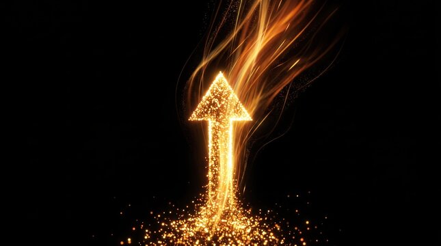Golden sparkling particle arrow pointing upwards on black background, symbolizing rapid growth, success, progress and positive trend, abstract fire energy light trail effect