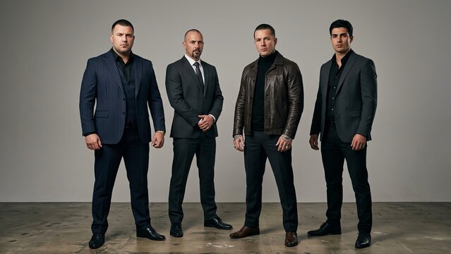 Four Tough Men in Stylish Suits and Leather Jacket