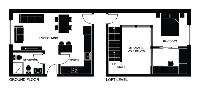 Loft apartment floor plan with mezzanine and kitchen for modern homes.