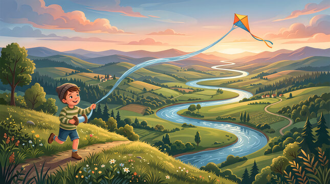 Kite string river flowing hills imagination concept award winning illustration