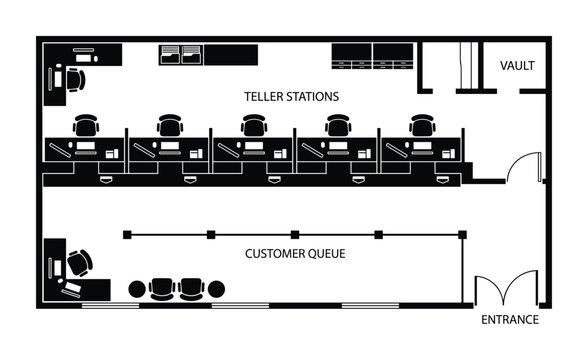 Bank floor plan with teller stations for commercial office layouts.