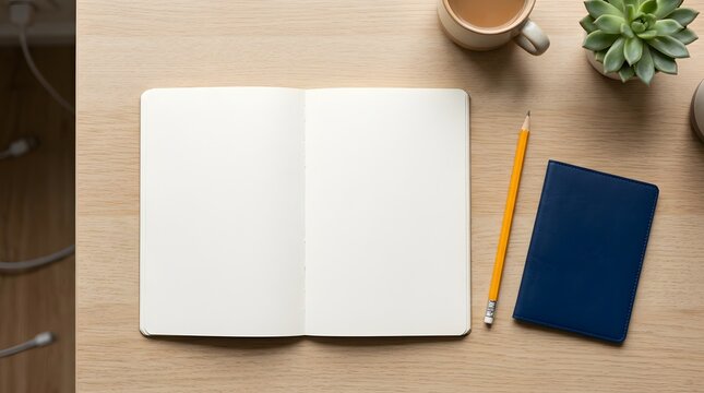 Blank open notebook with pencil and passport on bright desk
