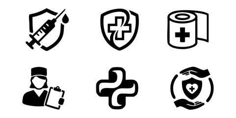 Obraz premium A collection of vector medical and healthcare icons, featuring syringes, shields, nurses, and crosses in a modern black and white design style