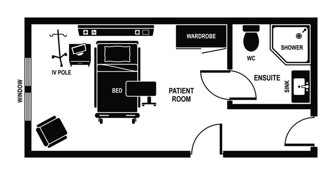 Medical patient room floor plan with bed iv pole ensuite and window.