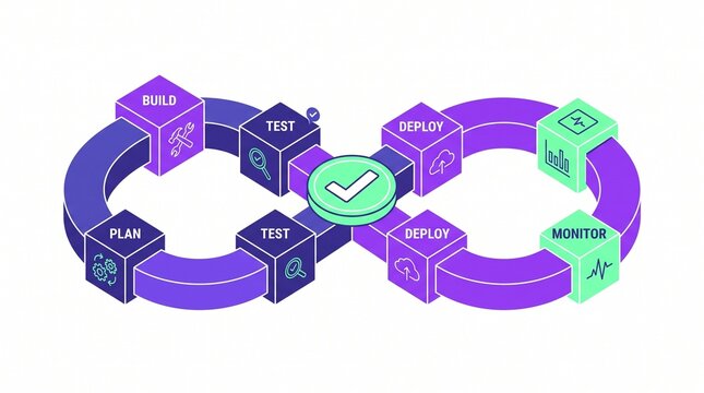 Dev ops infinity process workflow diagram as isometric vector illustration with infinity loop
