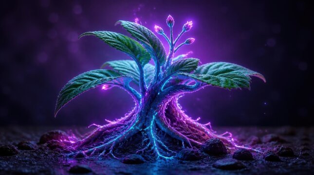 Glowing futuristic plant with vibrant purple energy and electric blue roots