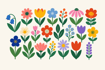 Obraz premium Colorful Hand Drawn Floral Collection with Wildflowers, Tulips and Botanical Elements.eps