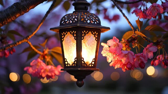 Antique lantern illuminates blooming cherry blossoms at dusk