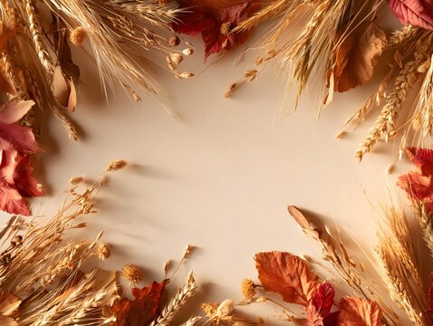 Autumn frame with dried wheat ears and colorful fall leaves on a beige background