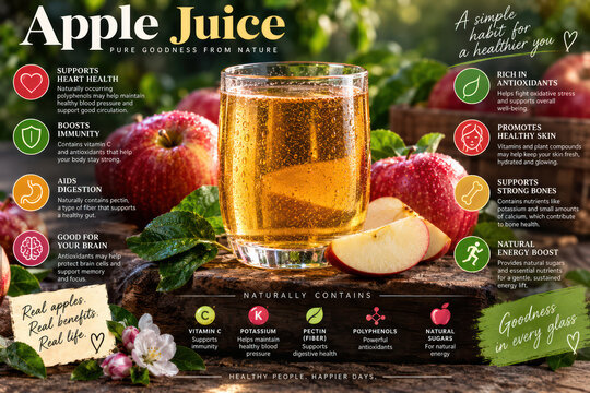 Apple Juice Health Benefits Infographic with Vitamin C Potassium Pectin and Antioxidants