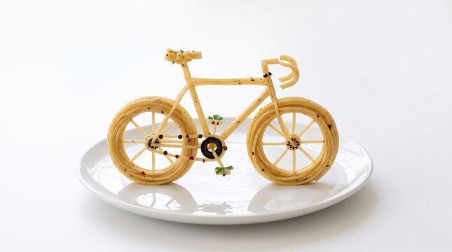A creatively designed bicycle made entirely from pasta, presented on a white plate. The pasta artwork features intricate details, showcasing a unique culinary creation
