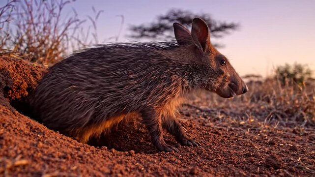 Aardvark emerging from its burrow at dusk in the African savanna