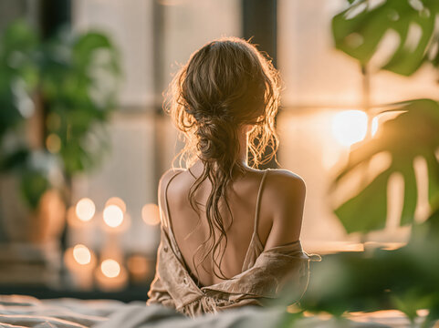 Back view of woman with long brown hair at sunset by window