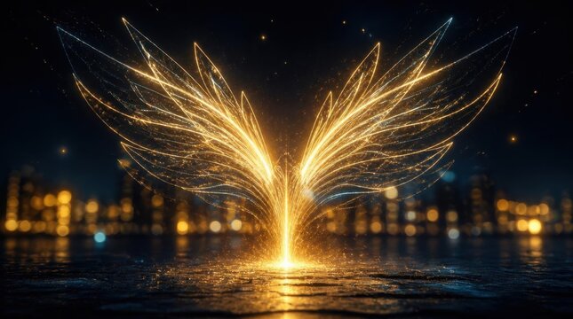 Glowing golden wings shaped from sparkling light particles in dark city night