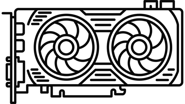 Black and white line art illustration of a computer graphics card with dual cooling fans.