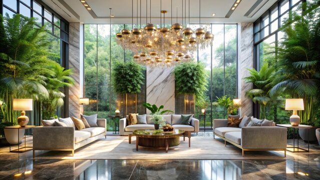 Sophisticated chandeliers cast golden light over polished marble lush greenery and sleek modernity in a tranquil urban retreat space