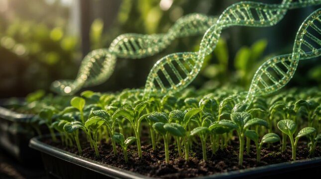 Glowing green dna strands floating above young plant seedlings growing in soil
