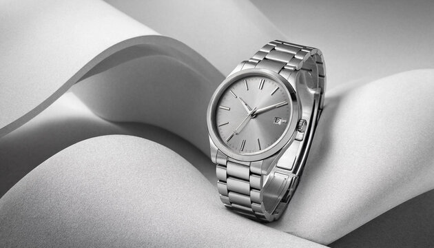 A silver wristwatch with a metal link bracelet resting on smooth white curved paper surfaces creating soft shadows and abstract light patterns