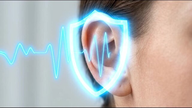 Human Ear Anatomy, Hearing Protection Shield, Pulse Wave, Medical Health and Auditory Safety Concept in Close Up Portrait with Blue Sound Wave Visualization