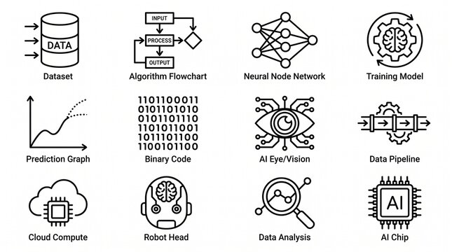 Artificial intelligence and machine learning conceptual outline icons