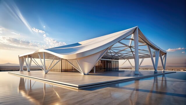 A sleek white giant sprawls across the rooftop like an metallic behemoth under a cloudless desert summer sky