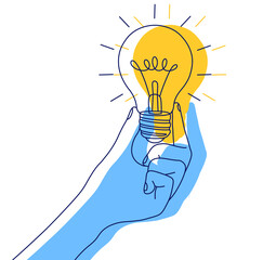 A hand holding a light bulb, symbolizing a creative idea. Line art illustration with a silhouette © SasubuArt