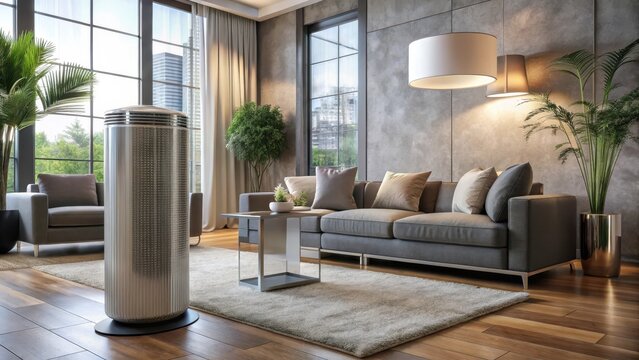 A sleek silver stylish modern air purifier sits amidst plush velvet couches and floor lamps in a warm inviting haven