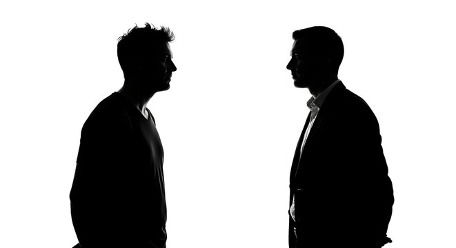 Two men facing each other in silhouette against a white background