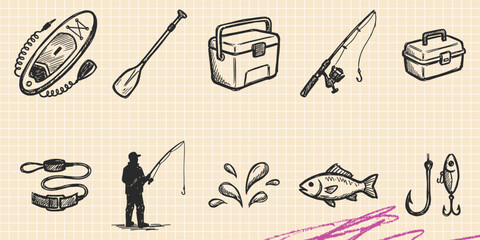 Hand drawn vintage black ink scribble doodle vector set of diving mask and sea flippers icons for creative graphic design © Broke Stoke