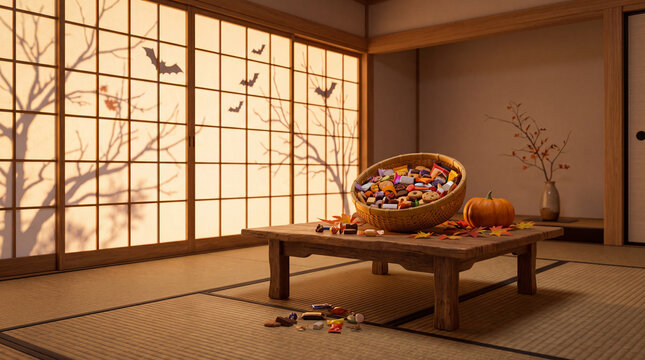 和室の竹かごに盛られたハロウィンのお菓子とカボチャ