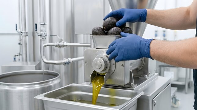 Worker Operating Industrial Oil Press Extracting Yellow Oil in Food Production Facility